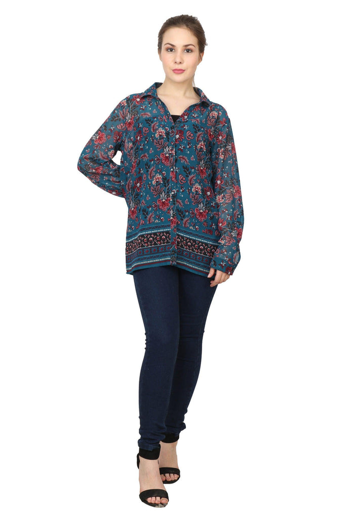 Model wearing Polyster Georgette Shirt with Pattern type: Floral-3