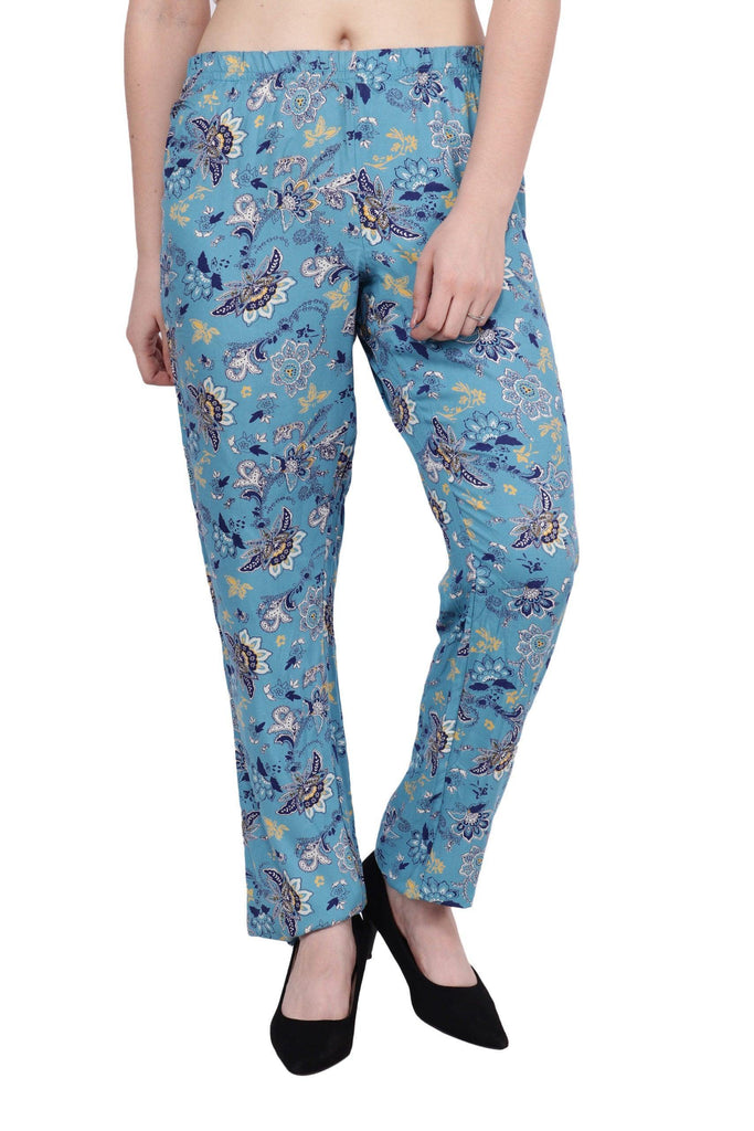 Model wearing Viscose Trousers with Pattern type: Floral-1