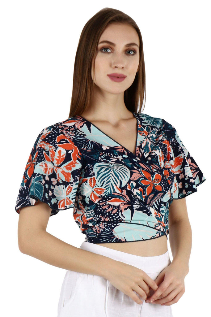 Model wearing Poly Crepe Crop Top with Pattern type: Floral-2