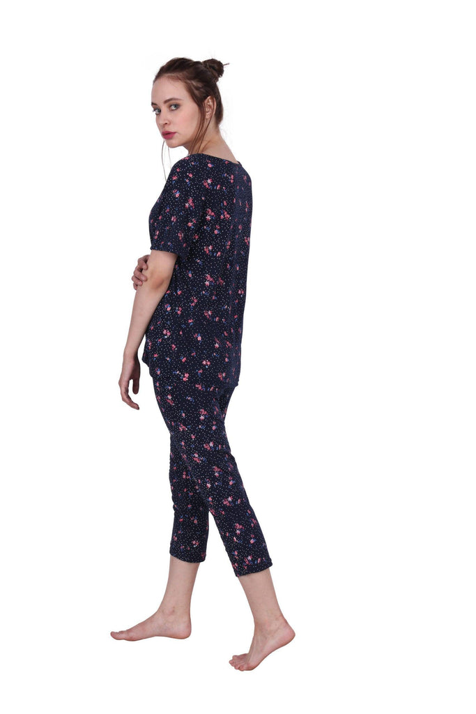 Model wearing Viscose Crepe Night Suit Set with Pattern type: Garden-4