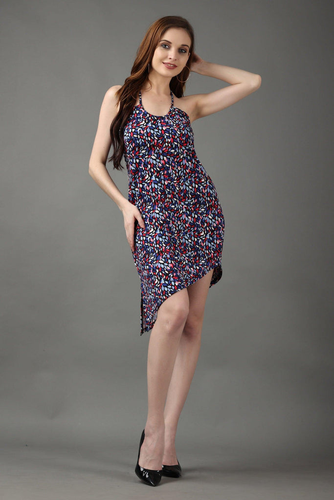 Model wearing Poly Lycra Mini Dress with Pattern type: Leaf-1