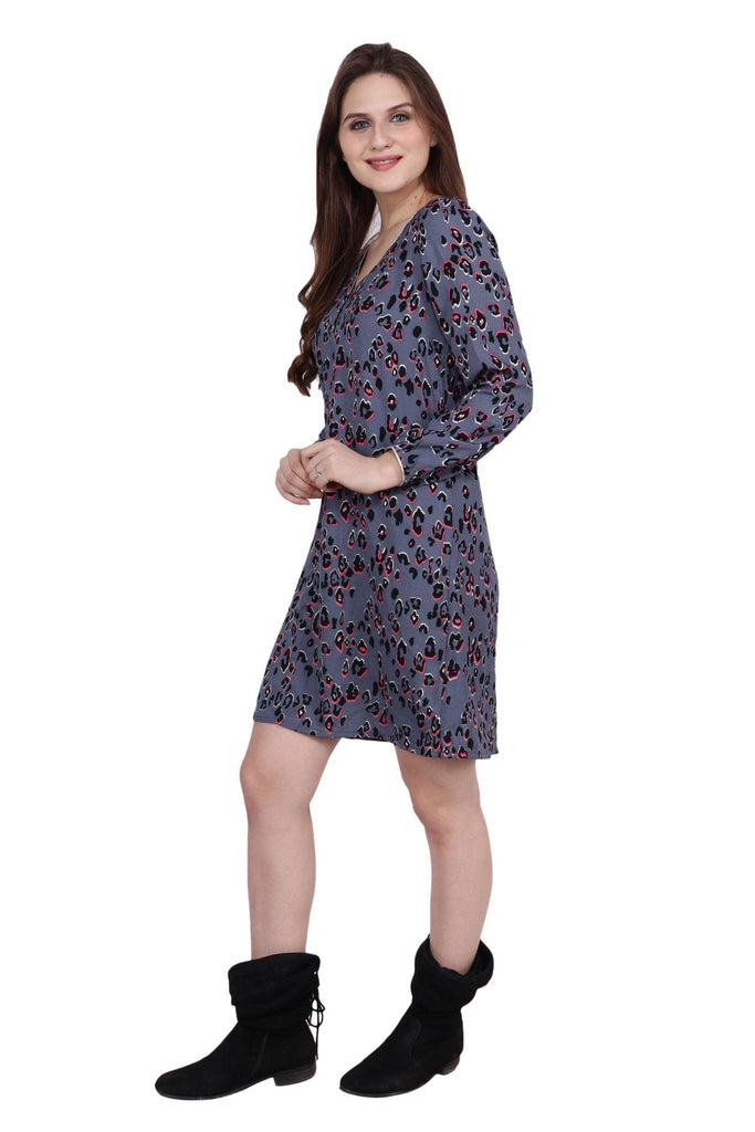 Model wearing Poly Crepe Mini Dress with Pattern type: Leopard-1
