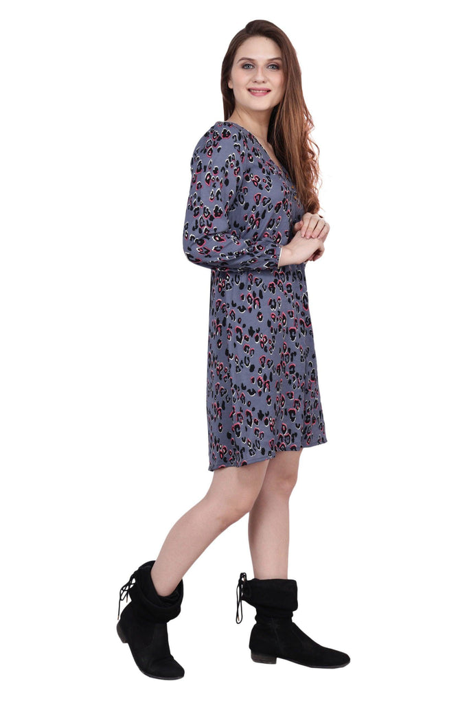 Model wearing Poly Crepe Mini Dress with Pattern type: Leopard-4