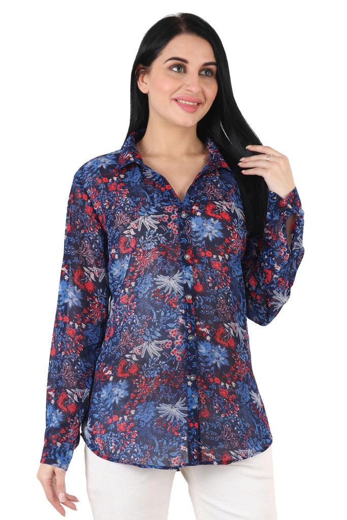 Model wearing Polyster Georgette Shirt with Pattern type: Leaf-1