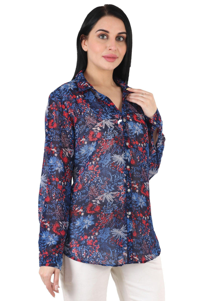 Model wearing Polyster Georgette Shirt with Pattern type: Leaf-3