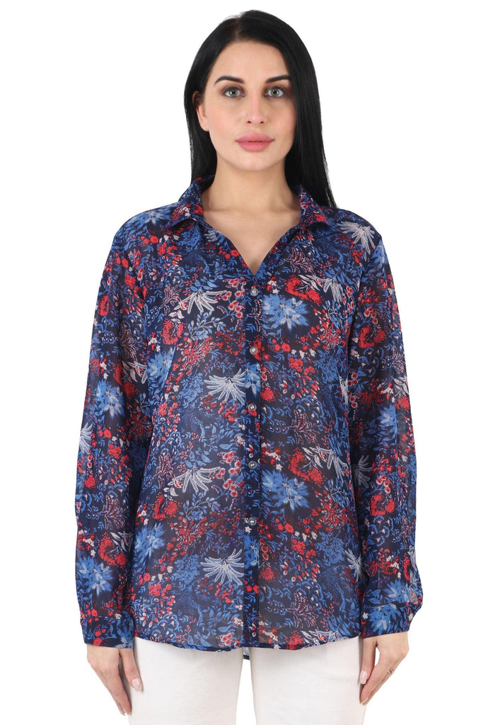 Model wearing Polyster Georgette Shirt with Pattern type: Leaf-5