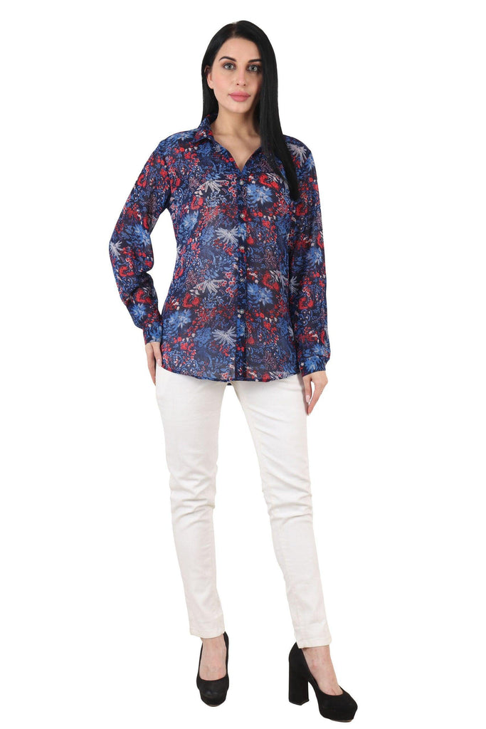 Model wearing Polyster Georgette Shirt with Pattern type: Leaf-7