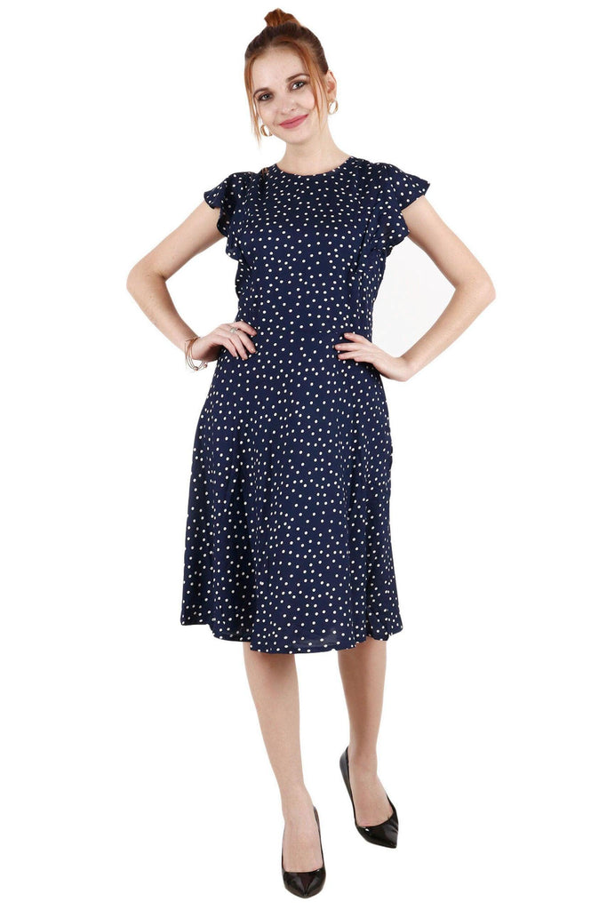 Model wearing Rayon Mini Dress with Pattern type: Polka Dots-1