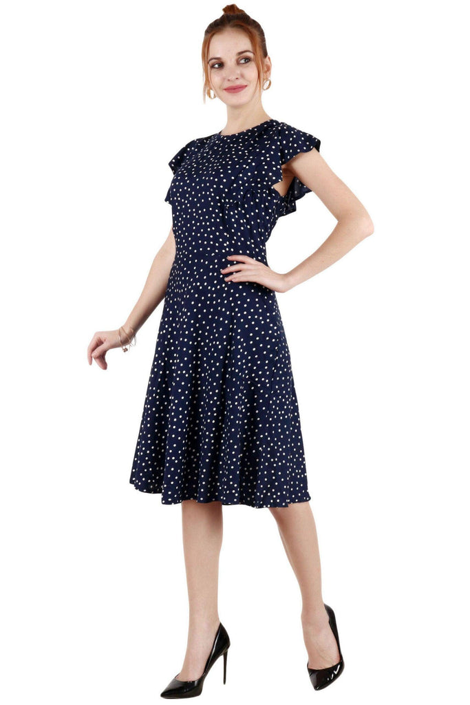 Model wearing Rayon Mini Dress with Pattern type: Polka Dots-3