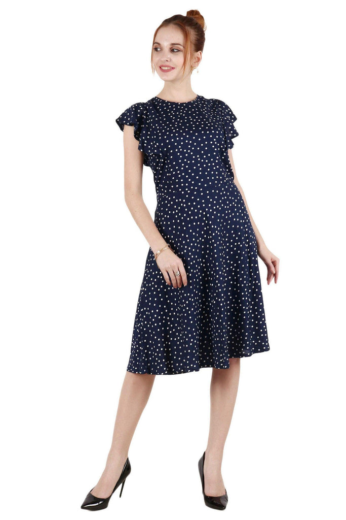 Model wearing Rayon Mini Dress with Pattern type: Polka Dots-4