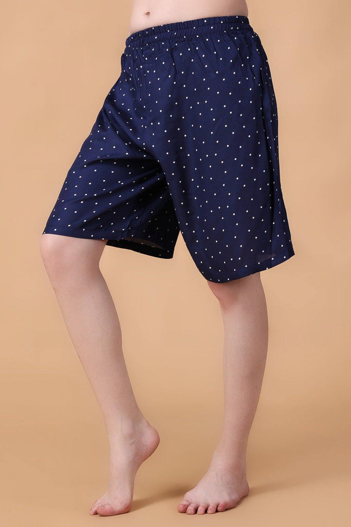 Model wearing Rayon Shorts with Pattern type: Polka Dots-2