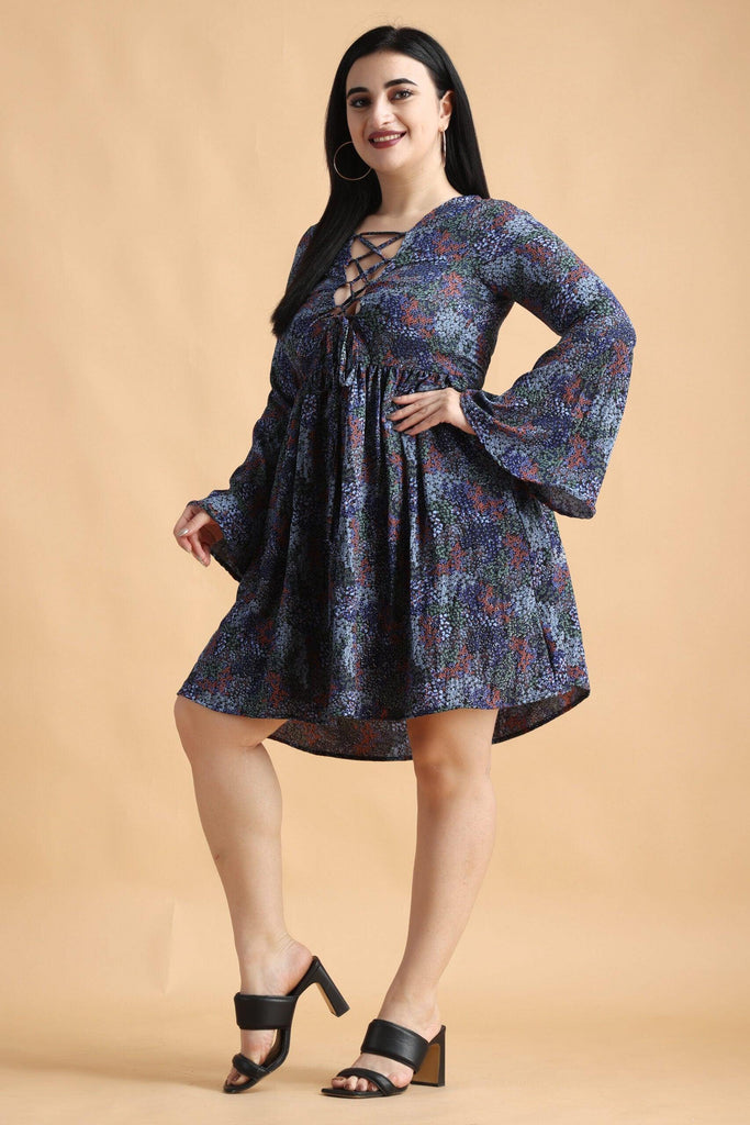 Model wearing Poly Crepe Mini Dress with Pattern type: Small Floral-1
