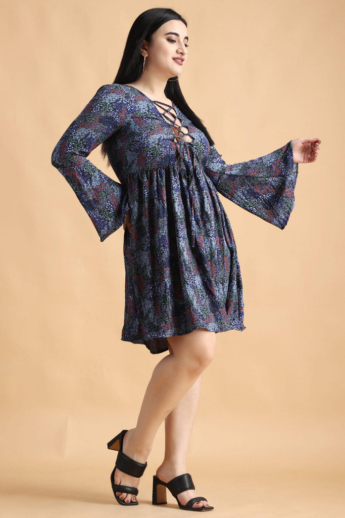 Model wearing Poly Crepe Mini Dress with Pattern type: Small Floral-3