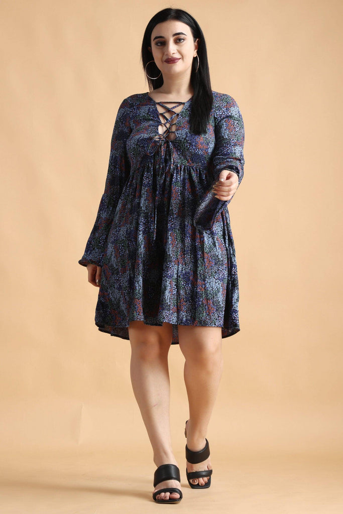 Model wearing Poly Crepe Mini Dress with Pattern type: Small Floral-4