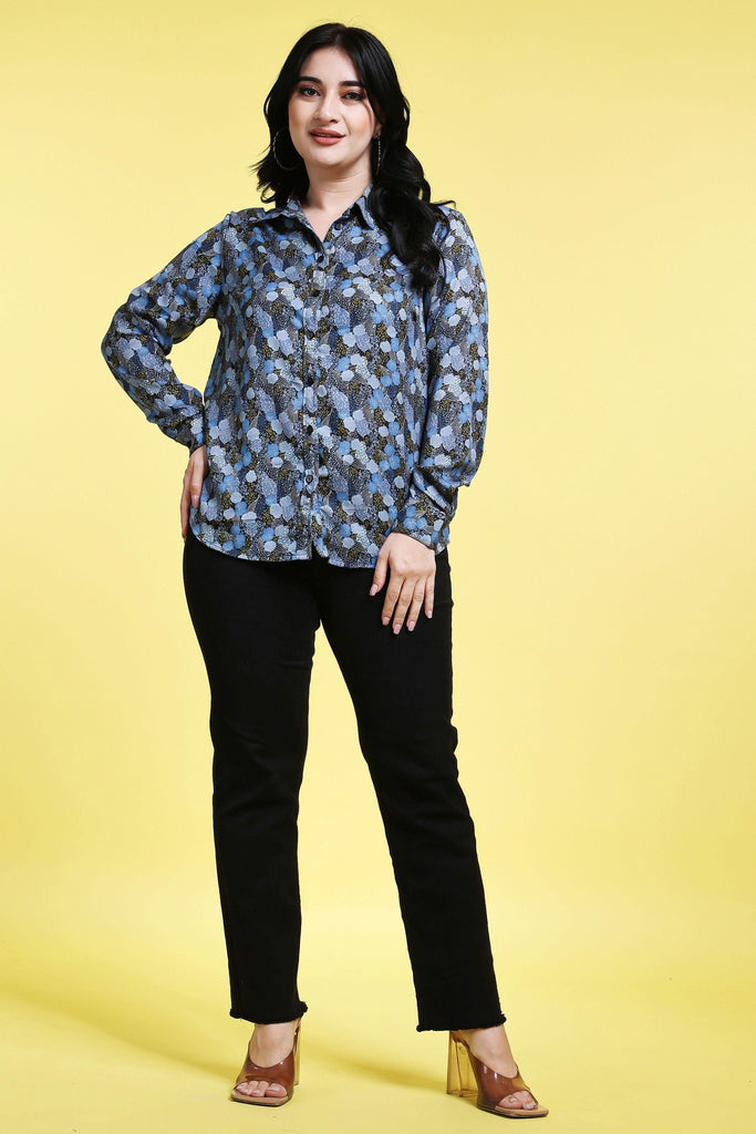Model wearing Poly Crepe Shirt with Pattern type: Small Print-2
