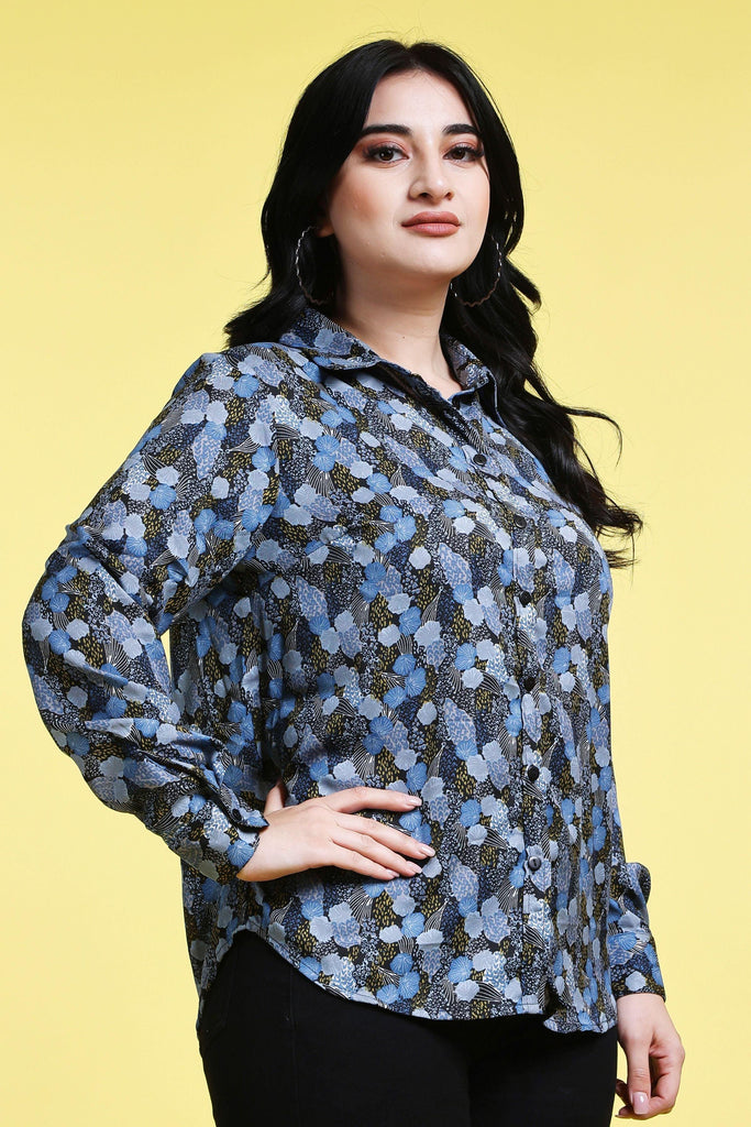 Model wearing Poly Crepe Shirt with Pattern type: Small Print-4