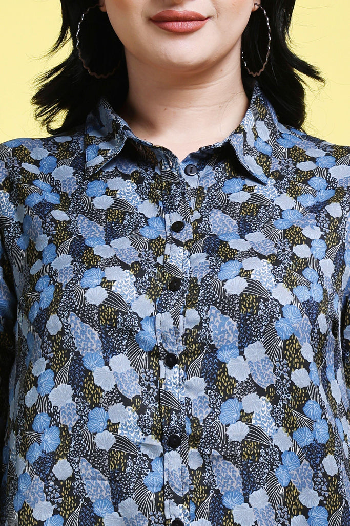 Model wearing Poly Crepe Shirt with Pattern type: Small Print-6