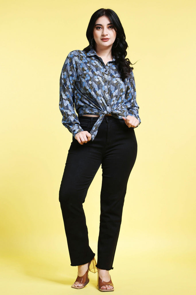 Model wearing Poly Crepe Shirt with Pattern type: Small Print-8