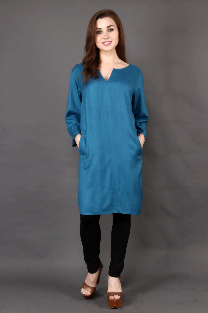 Model wearing Poly Crepe Kurti with Pattern type: Solid-1