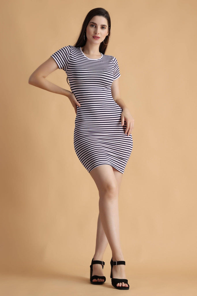 Model wearing Poly Lycra Mini Dress with Pattern type: Striped-3