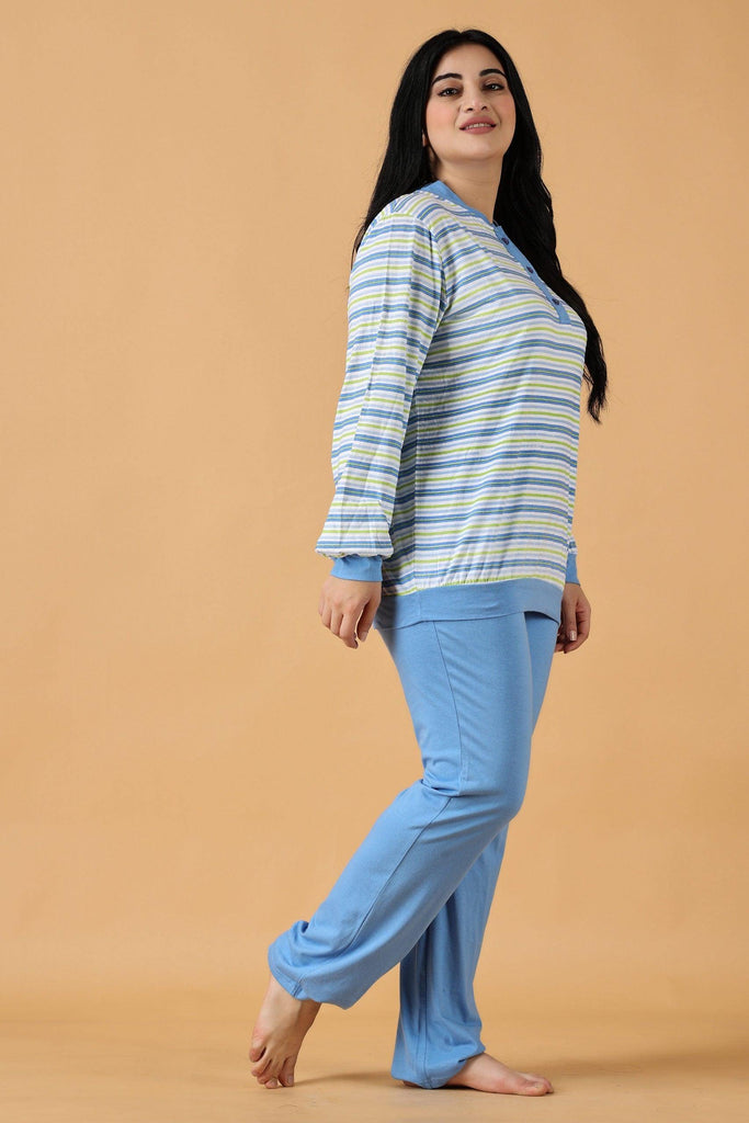 Model wearing Cotton Night Suit Set with Pattern type: Striped-3