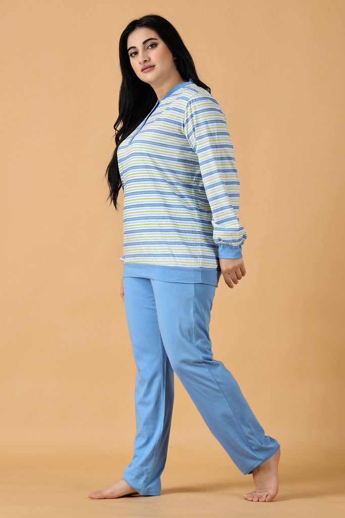 Model wearing Cotton Night Suit Set with Pattern type: Striped-4