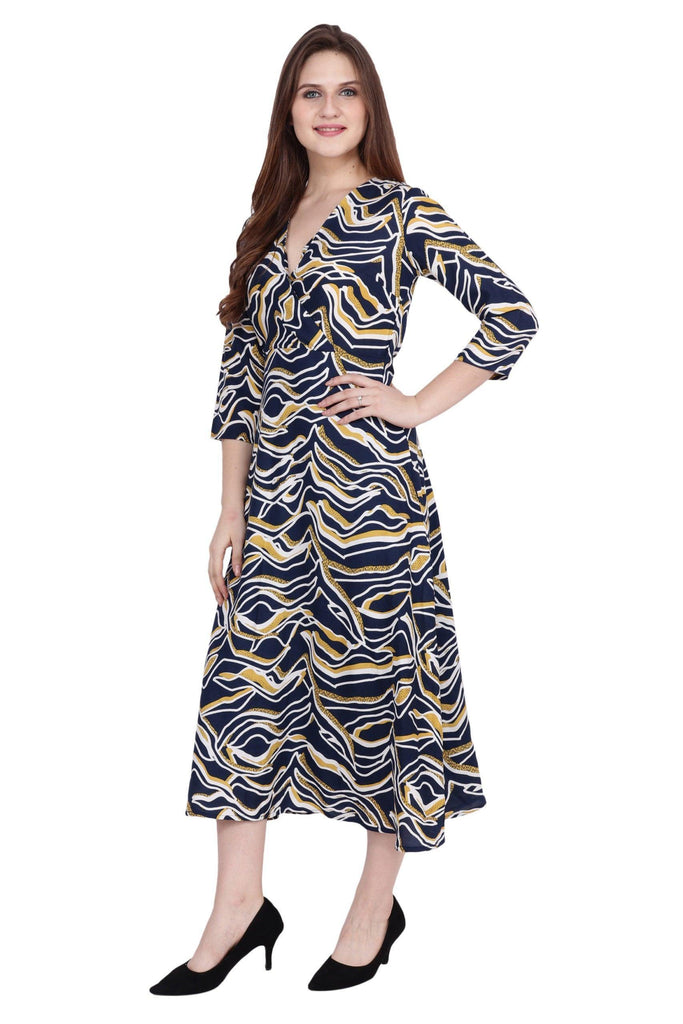Model wearing Poly Crepe Midi Dress with Pattern type: Whale-1