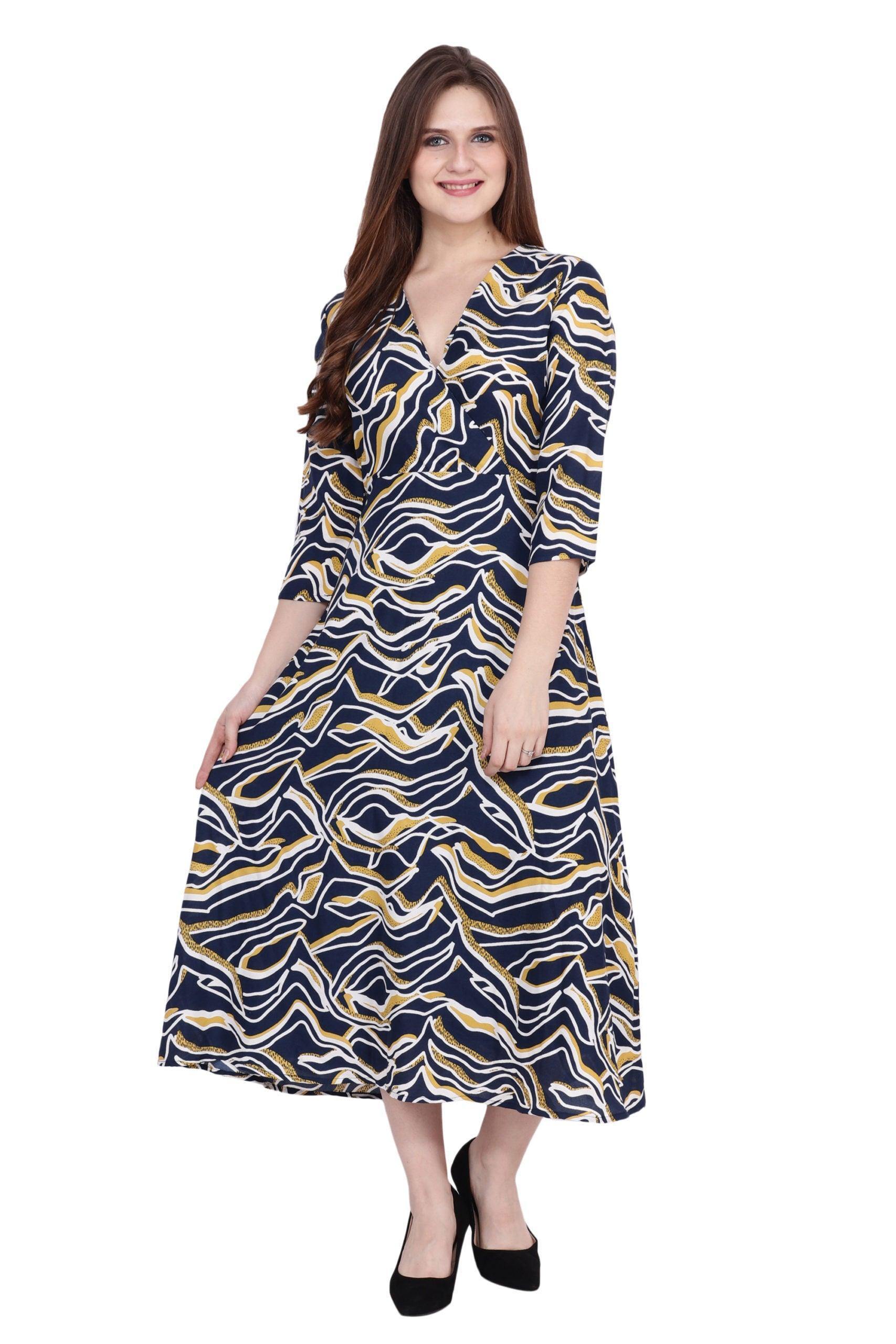 Flared Midi Dress in Poly Crepe with Three-Quarter Sleeves and Whale Print for Casual/Formal Occasions theshimmerhouse Flared Midi Dress in Poly Crepe with Three-Quarter Sleeves and Whale Print for Casual/Formal Occasions theshimmerhouse