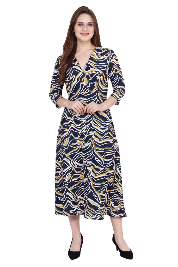 Model wearing Poly Crepe Midi Dress with Pattern type: Whale-3