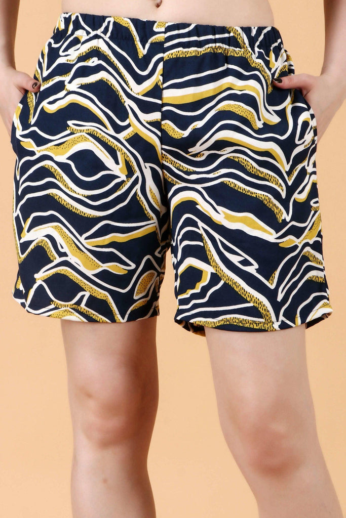 Model wearing Poly Crepe Shorts with Pattern type: Whale-1