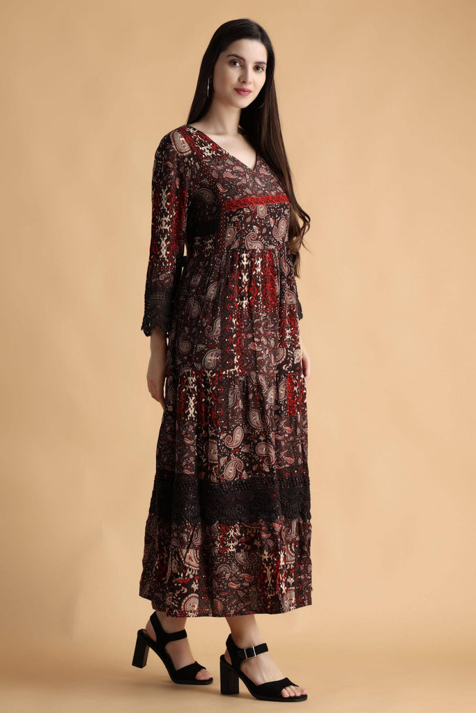 Model wearing Viscose Crepe Maxi Dress with Pattern type: Abstract-4
