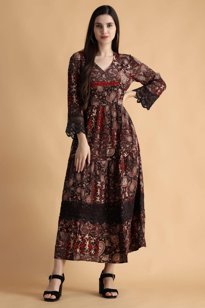 Model wearing Viscose Crepe Maxi Dress with Pattern type: Abstract-6