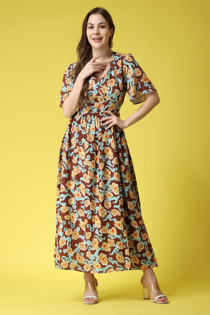 Model wearing Rayon Maxi Dress with Pattern type: Floral-2