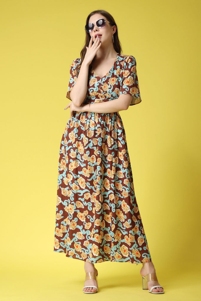 Model wearing Rayon Maxi Dress with Pattern type: Floral-7