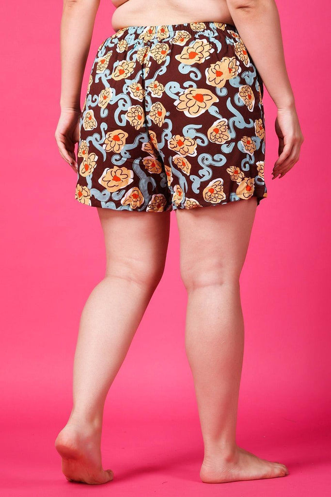Model wearing Rayon Shorts with Pattern type: Floral-4