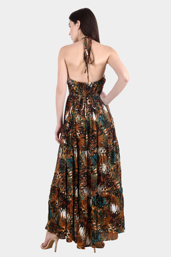 Model wearing Viscose Crepe Maxi Dress with Pattern type: Jungle-2