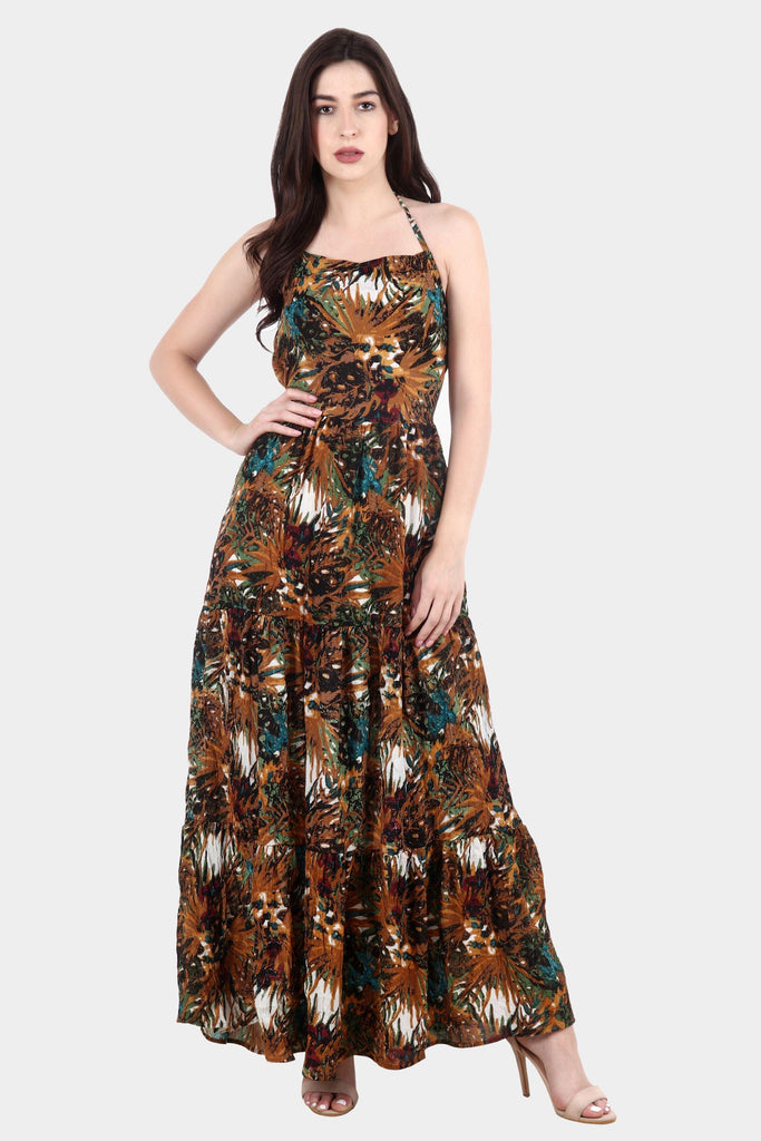Model wearing Viscose Crepe Maxi Dress with Pattern type: Jungle-3
