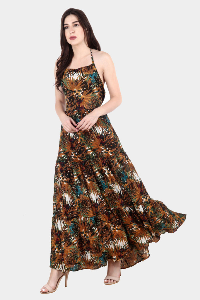 Model wearing Viscose Crepe Maxi Dress with Pattern type: Jungle-4