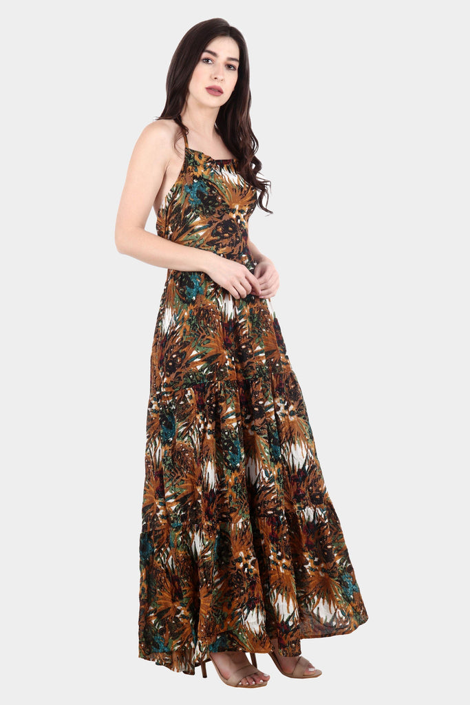 Model wearing Viscose Crepe Maxi Dress with Pattern type: Jungle-5