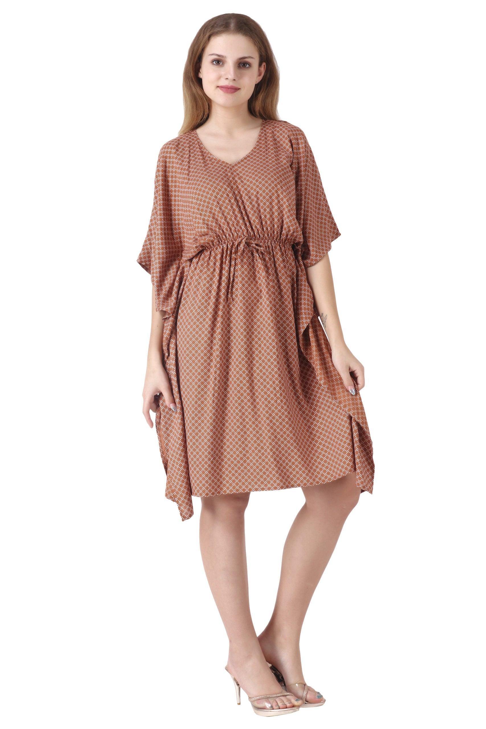 Polka Dot Kaftan Casual Short Sleeve V-Neck Knee Length Rayon