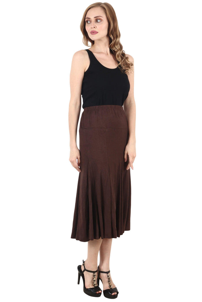 Model wearing Viscose Lycra Midi Skirt with Pattern type: Solid-1