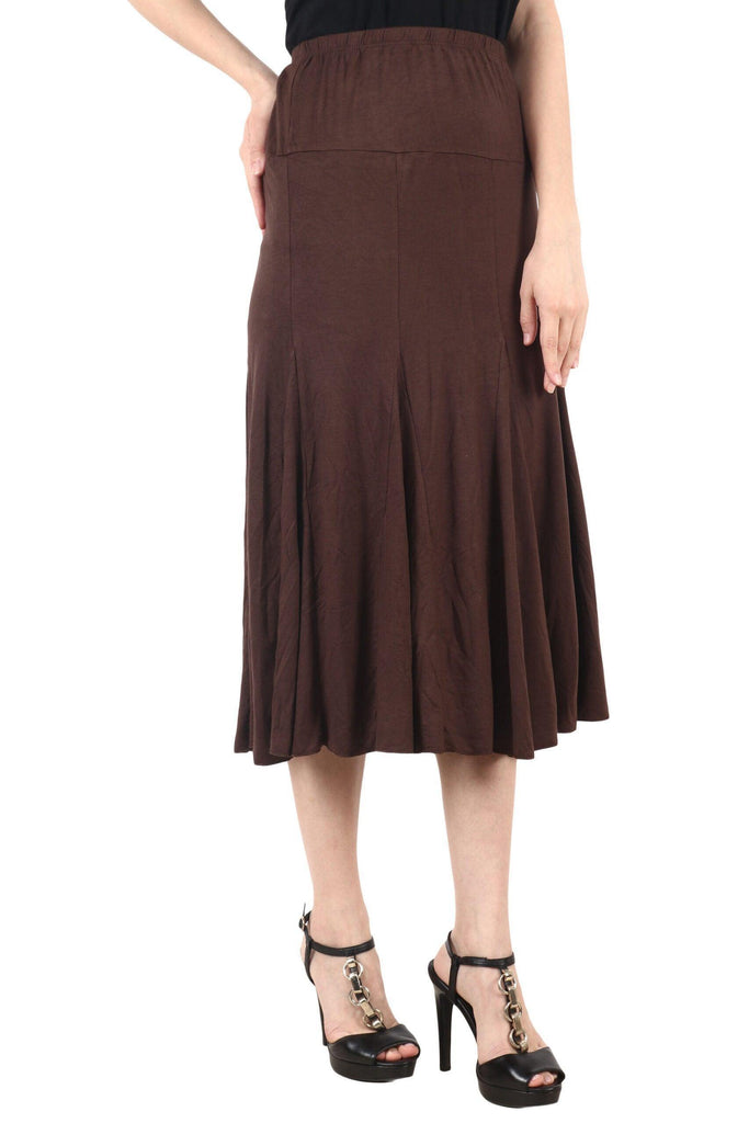 Model wearing Viscose Lycra Midi Skirt with Pattern type: Solid-2