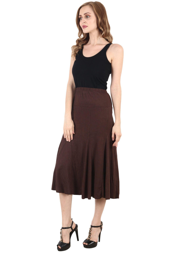 Model wearing Viscose Lycra Midi Skirt with Pattern type: Solid-7