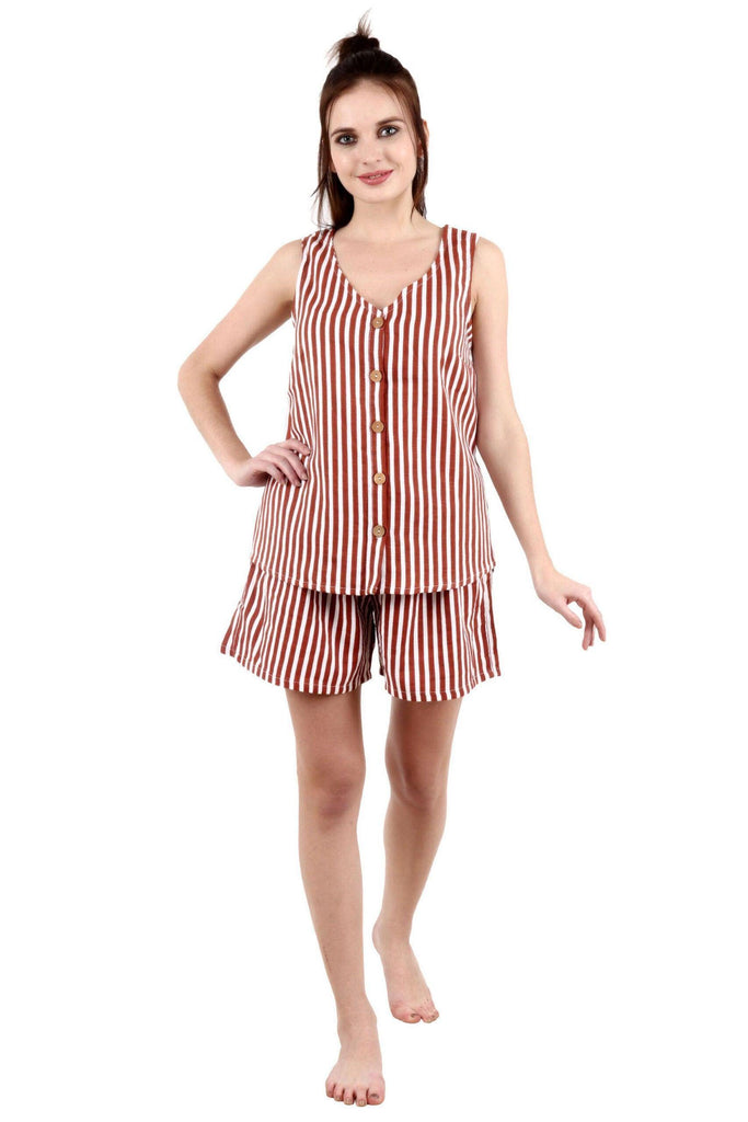 Model wearing Cotton Night Suit Set with Pattern type: Striped-1