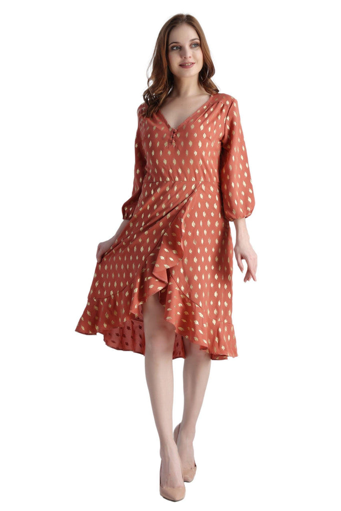 Model wearing Poly Crepe Mini Dress with Pattern type: Motif-1