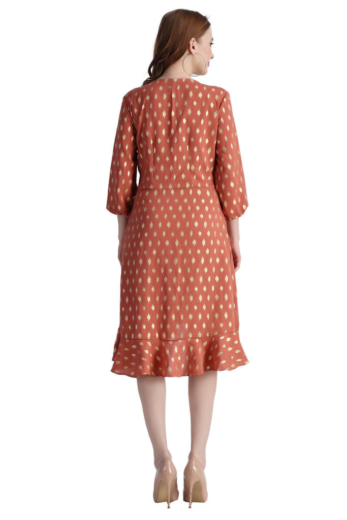 Model wearing Poly Crepe Mini Dress with Pattern type: Motif-3