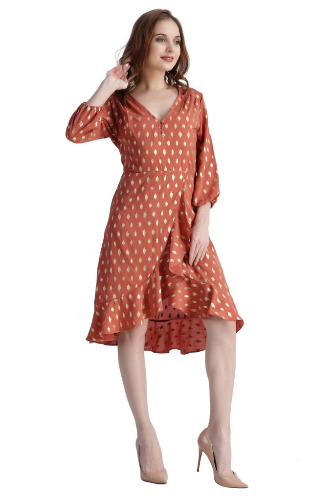 Model wearing Poly Crepe Mini Dress with Pattern type: Motif-5