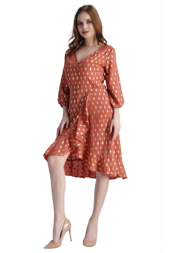 Model wearing Poly Crepe Mini Dress with Pattern type: Motif-6