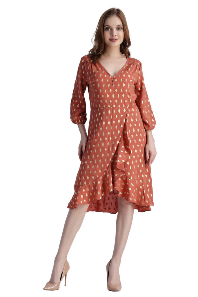 Model wearing Poly Crepe Mini Dress with Pattern type: Motif-7