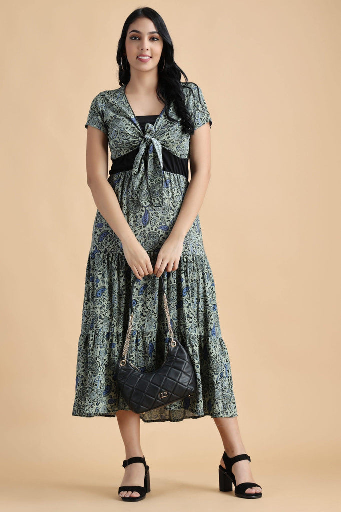 Model wearing Viscose Crepe Maxi Dress with Pattern type: Paisley-2